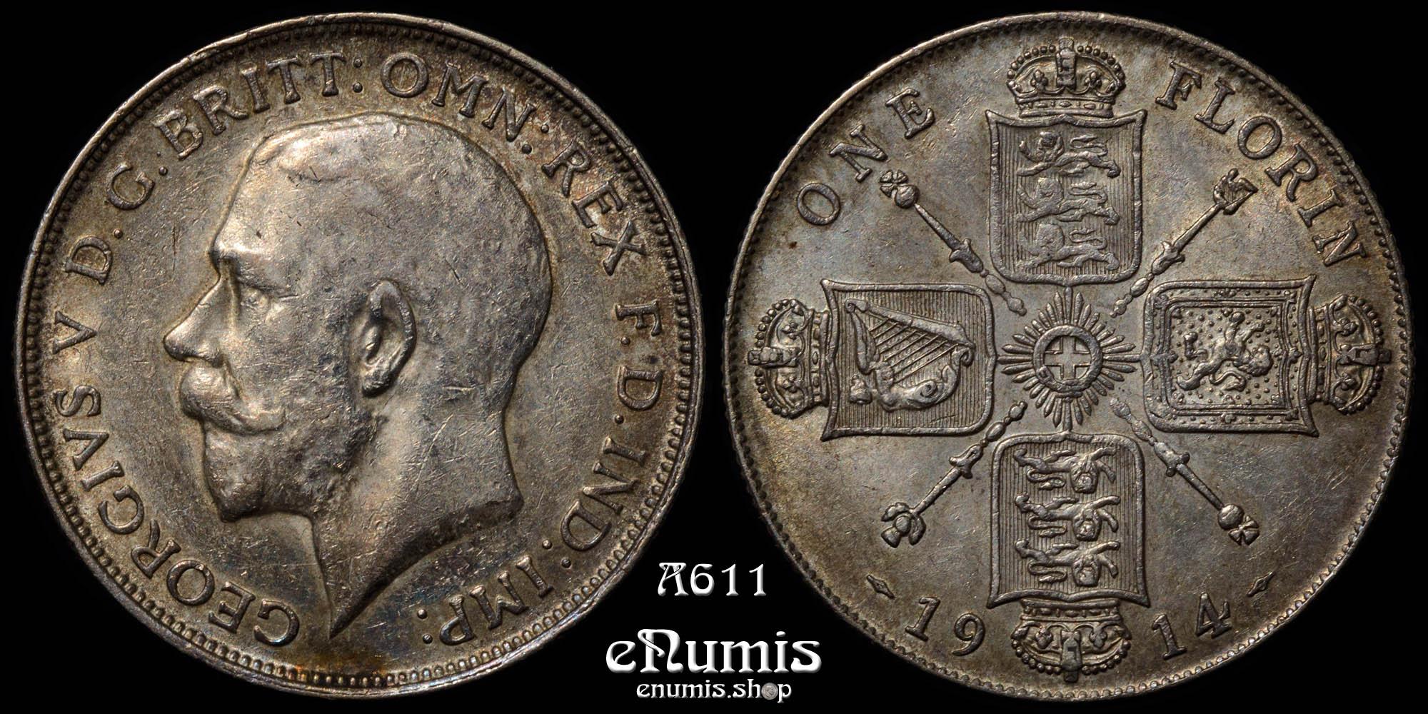 Great Britain, George V, Florin 1914, Rare type, D.1735, toned, XF+/aUNC