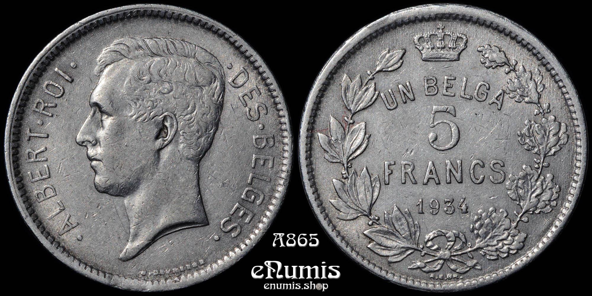 BELGIUM, Albert I, 5 Francs 1934, Des Belges, Rare, XF