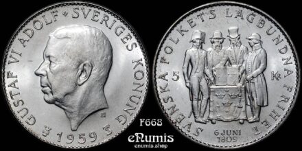 SWEDEN, Gustaf VI Adolf, 5 Kronor 1959, Constitution Sesquicentennial, UNC