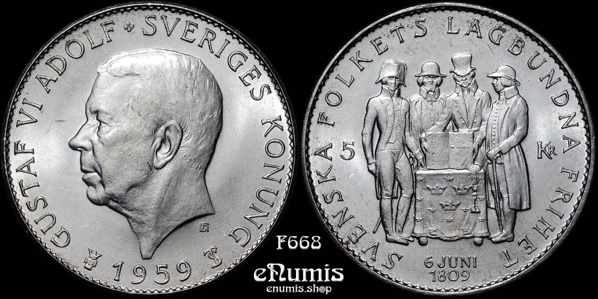 SWEDEN, Gustaf VI Adolf, 5 Kronor 1959, Constitution Sesquicentennial, UNC SWEDEN, Gustaf VI Adolf, 5 Kronor 1959, Constitution Sesquicentennial, UNC