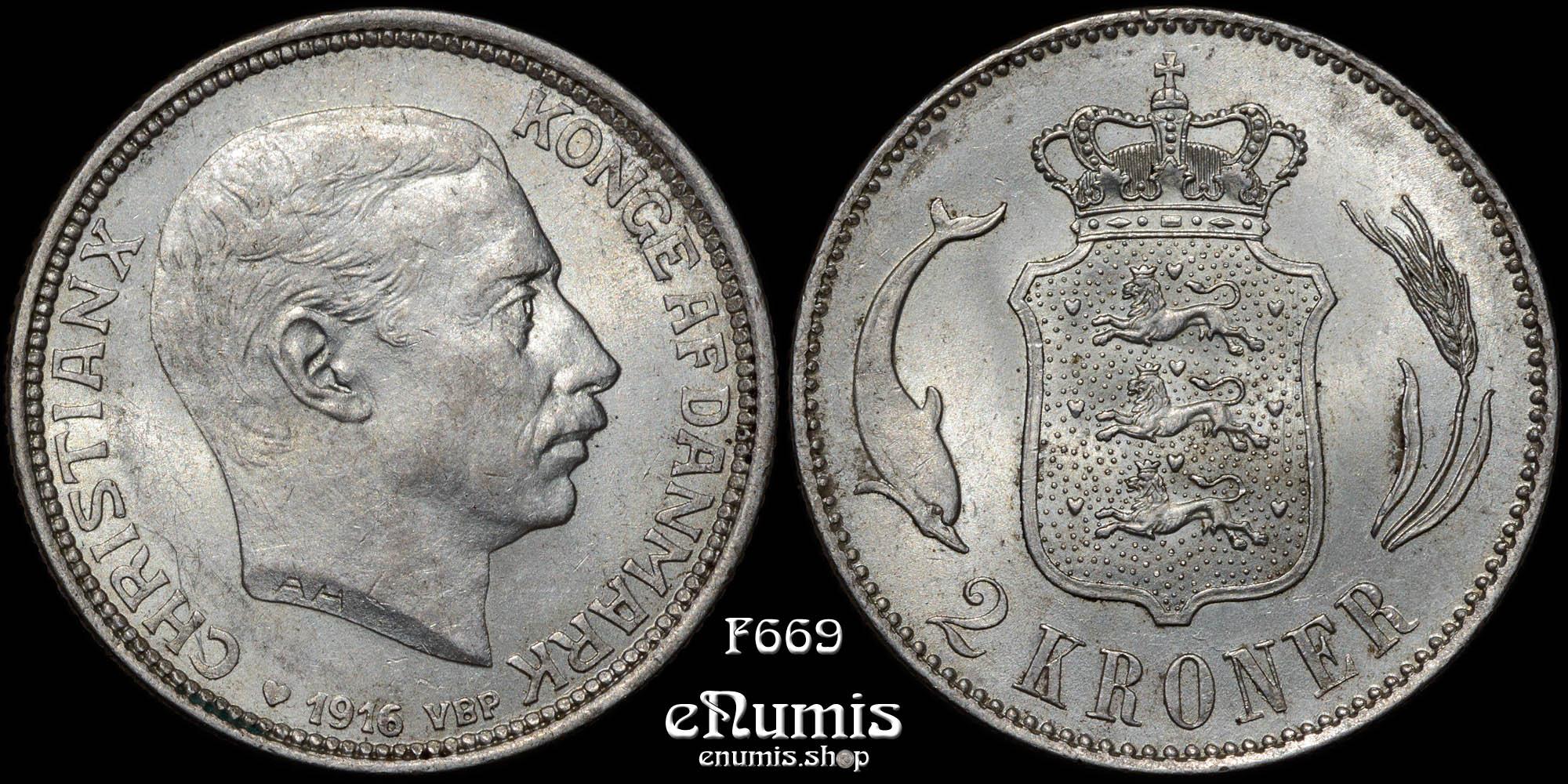 DENMARK, Christian X, 2 Kroner 1916 VBP AH, aUNC