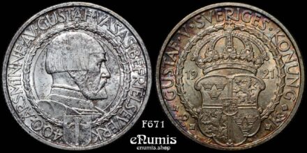 SWEDEN, Gustaf V, 2 Kronor 1921, 400th Anniversary of Political Liberty, UNC
