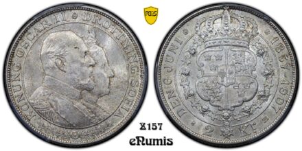 SWEDEN, Oscar II, 2 Kronor 1907, Golden Wedding Anniversary, PCGS MS 65