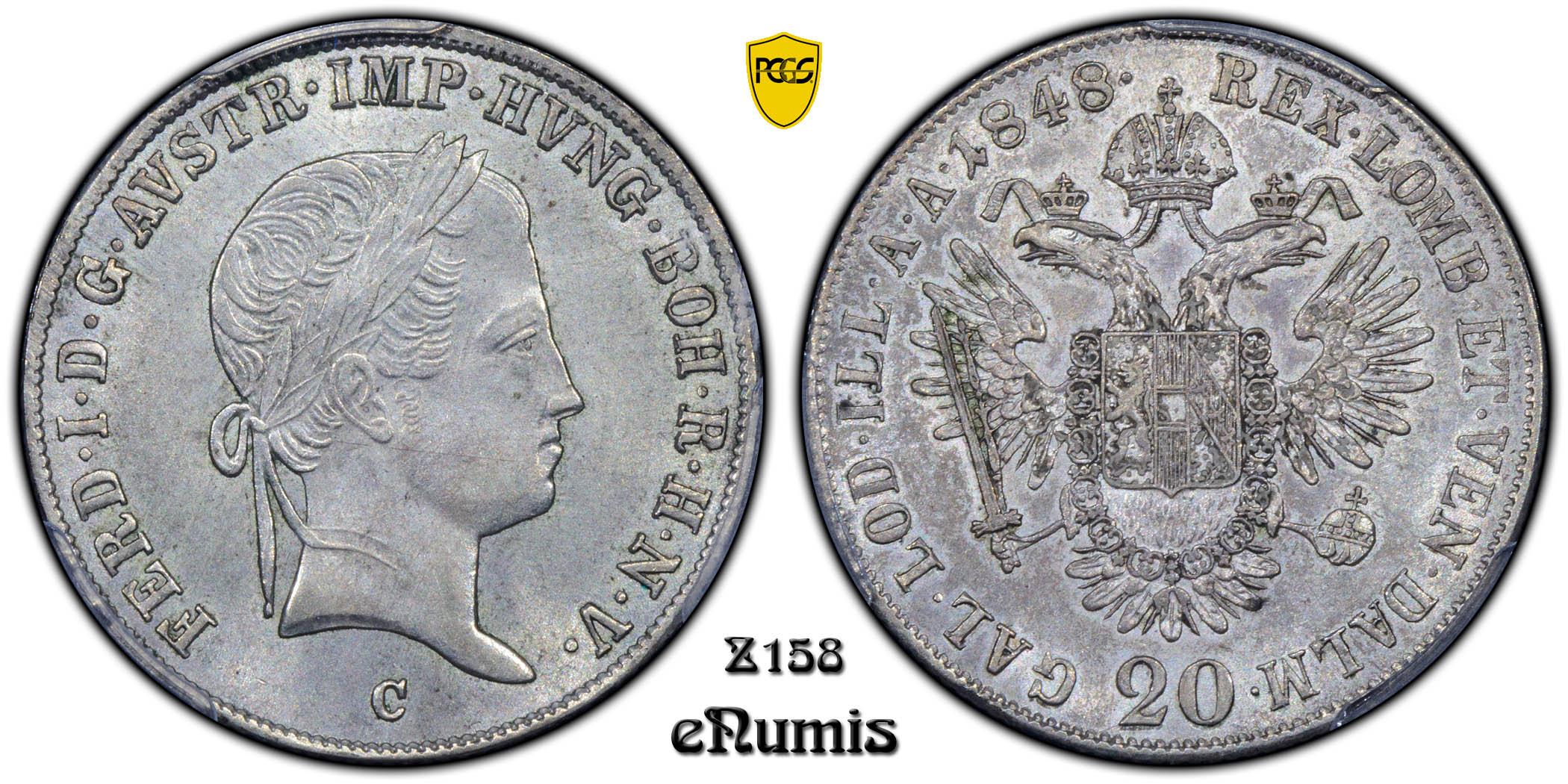 AUSTRIA, 20 Kreuzer 1848 C, Prague, Top Pop, PCGS MS 63