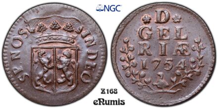 Netherlands, Gelderland, Duit 1754, Top Pop, NGC MS 66 BN