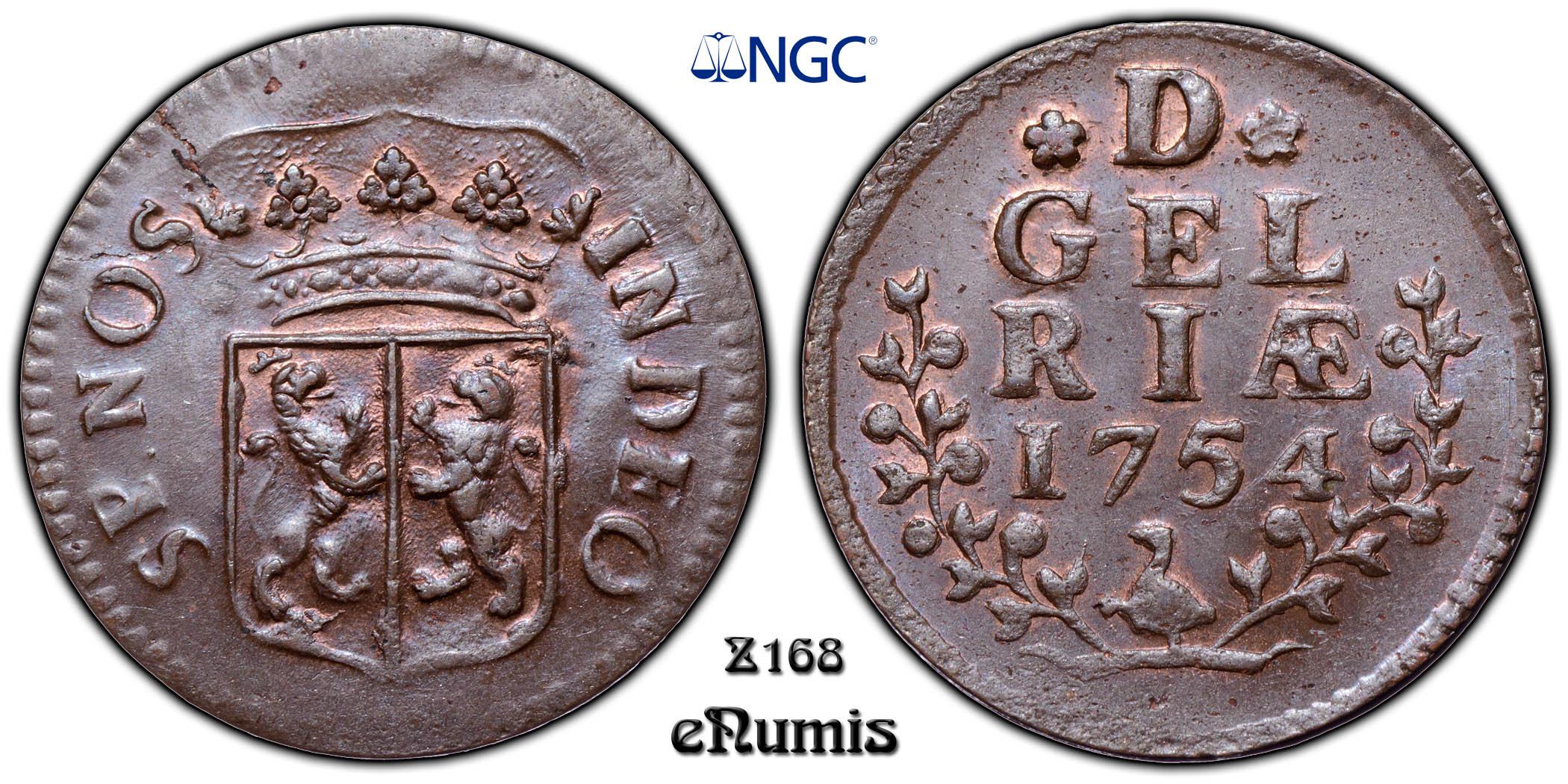 Netherlands, Gelderland, Duit 1754, Top Pop, NGC MS 66 BN