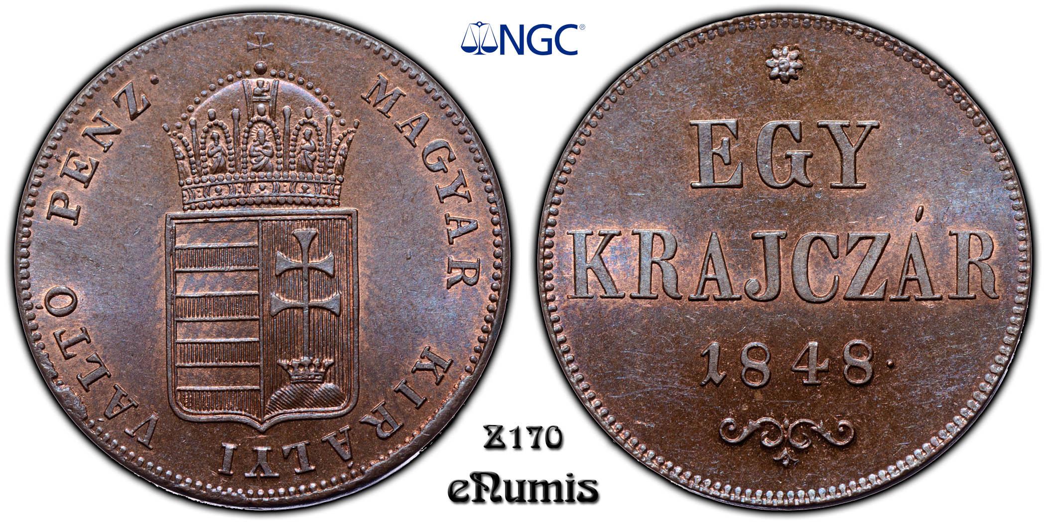 HUNGARY, 1 Kreuzer, Egy Krajczar 1848, NGC MS 64 BN HUNGARY, 1 Kreuzer, Egy Krajczar 1848, NGC MS 64 BN