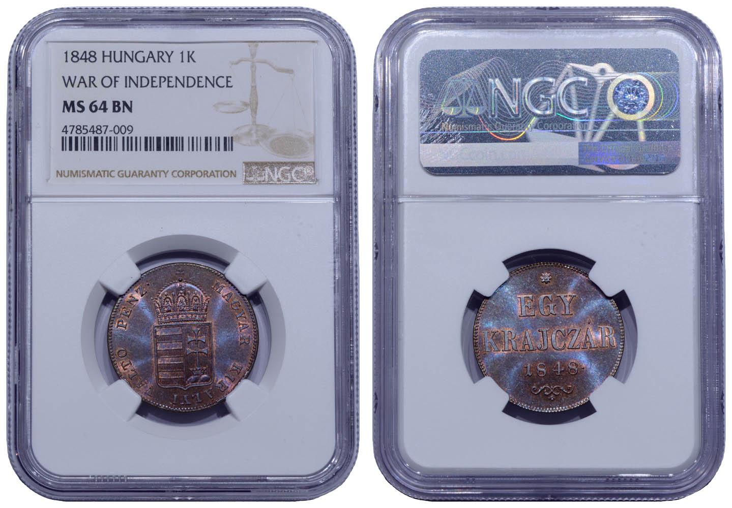 HUNGARY, 1 Kreuzer, Egy Krajczar 1848, NGC MS 64 BN HUNGARY, 1 Kreuzer, Egy Krajczar 1848, NGC MS 64 BN