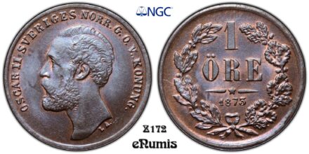 SWEDEN, Oscar II, 1 Ore 1873 LA., Top Pop, NGC MS 66 BN