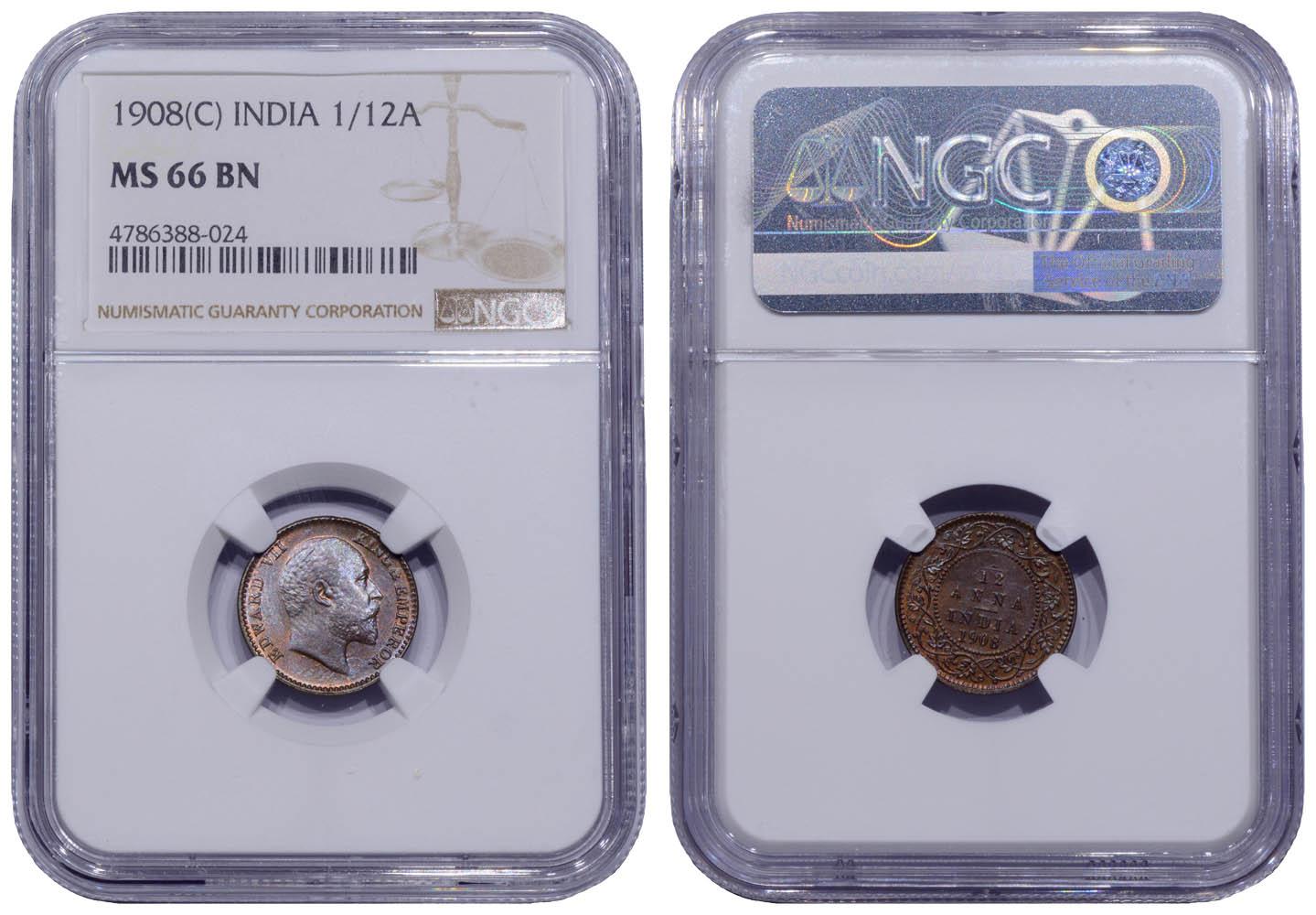 INDIA, Edward VII, 1/12 Anna 1908, Top Pop, NGC MS 66 BN