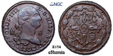 SPAIN, Carlos IV, 8 Maravedis 1806, Top Pop, NGC MS 61 BN