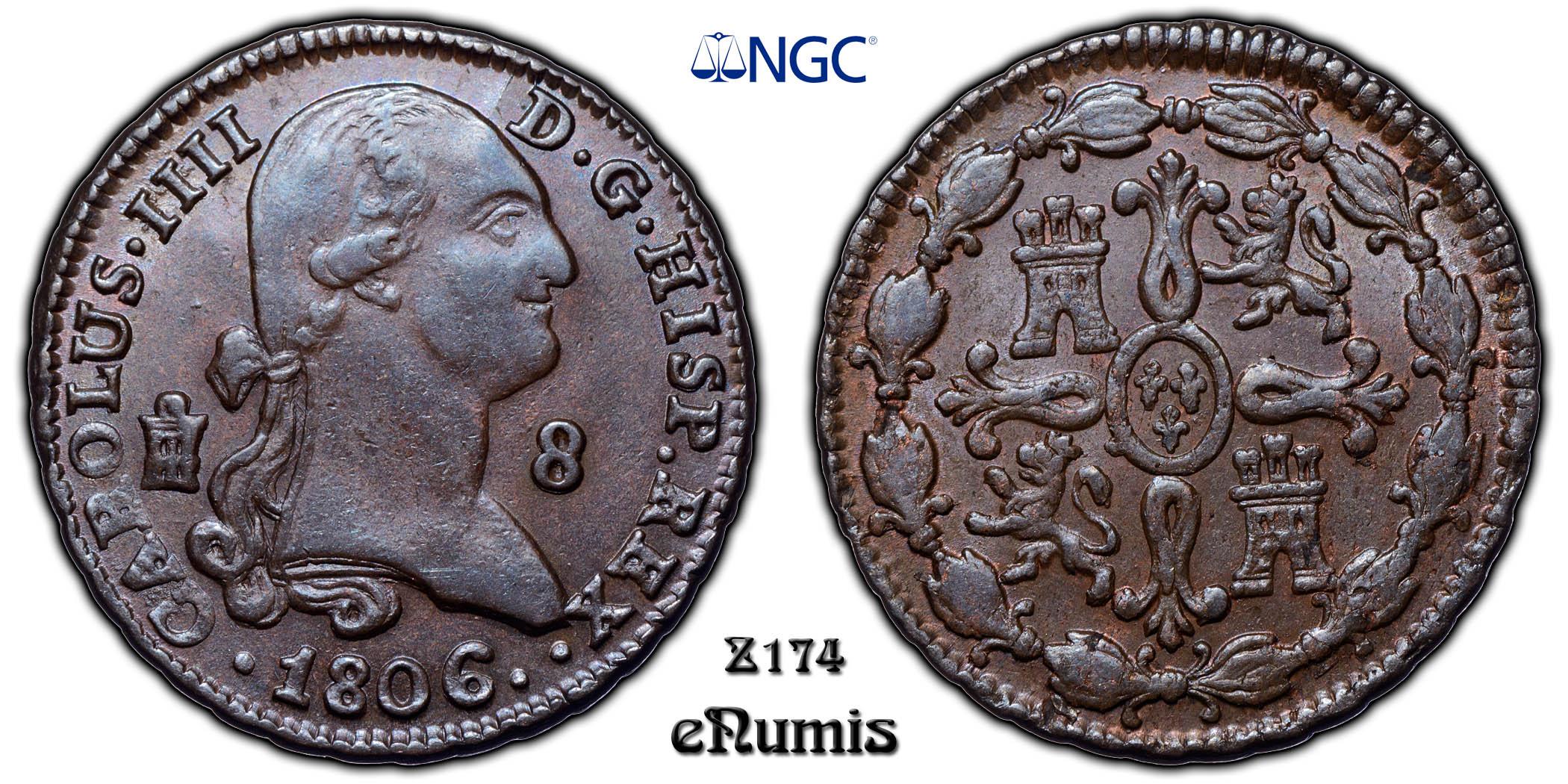 SPAIN, Carlos IV, 8 Maravedis 1806, Top Pop, NGC MS 61 BN