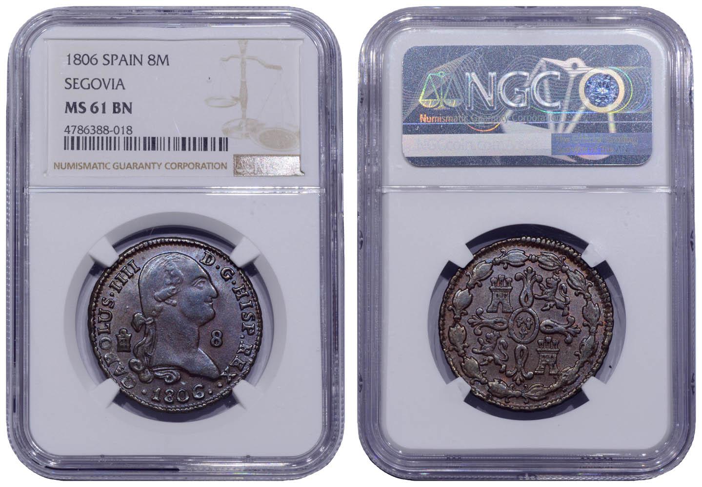 SPAIN, Carlos IV, 8 Maravedis 1806, Top Pop, NGC MS 61 BN