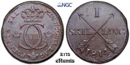 SWEDEN, Karl XIII, 1 Skilling 1814, Top Pop, NGC MS 64 BN