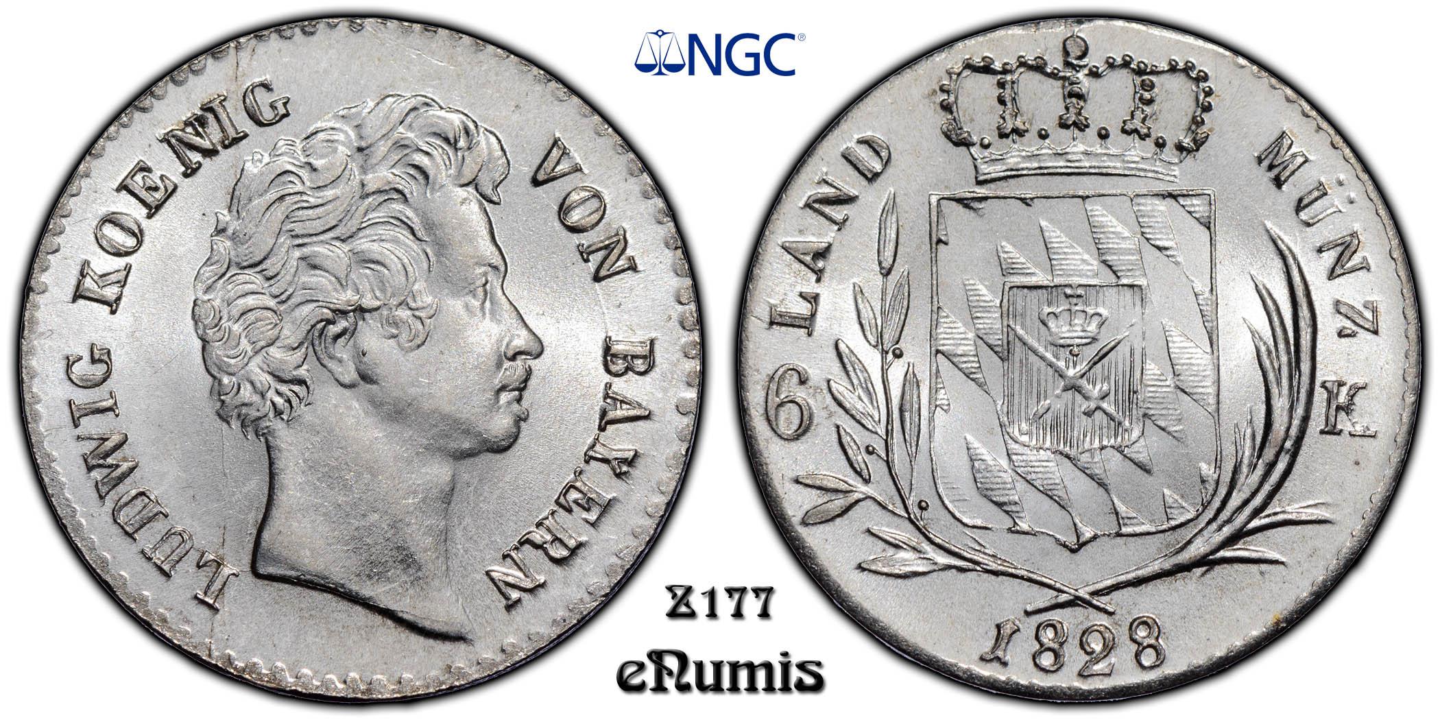 Germany, Bavaria, Ludwig I, 6 Kreuzer 1828, Top Pop, NGC MS 66+