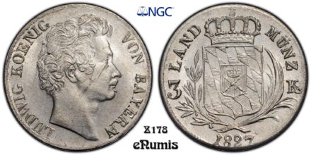 Germany, Bavaria, Ludwig I, 3 Kreuzer 1827, NGC MS 65+
