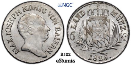 Germany, Bavaria, Maximilian I Joseph, 6 Kreuzer 1825, Top Pop, NGC MS 64