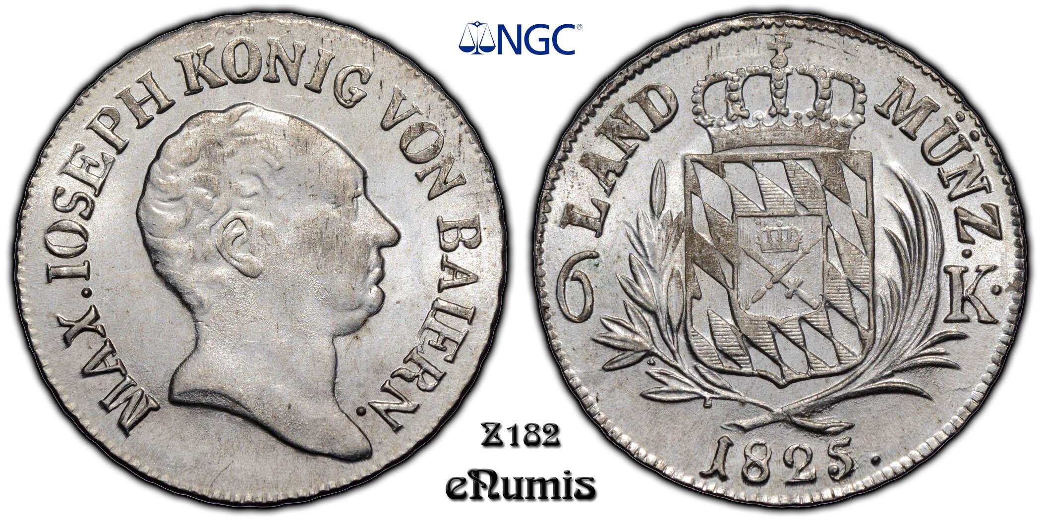 Germany, Bavaria, Maximilian I Joseph, 6 Kreuzer 1825, Top Pop, NGC MS 64