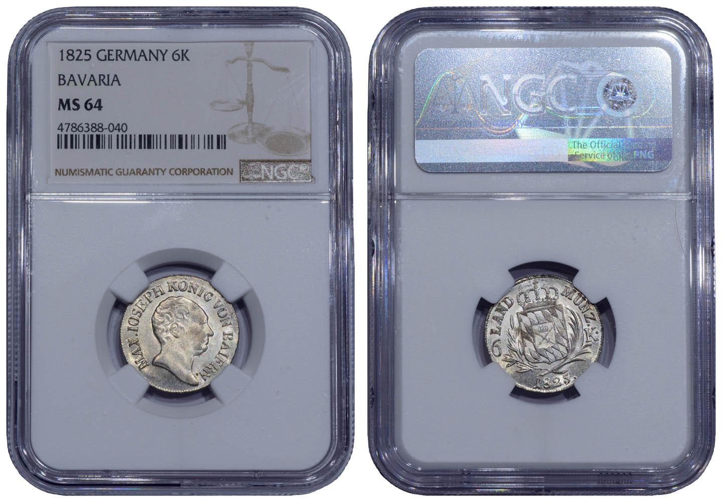 Germany, Bavaria, Maximilian I Joseph, 6 Kreuzer 1825, Top Pop, NGC MS 64