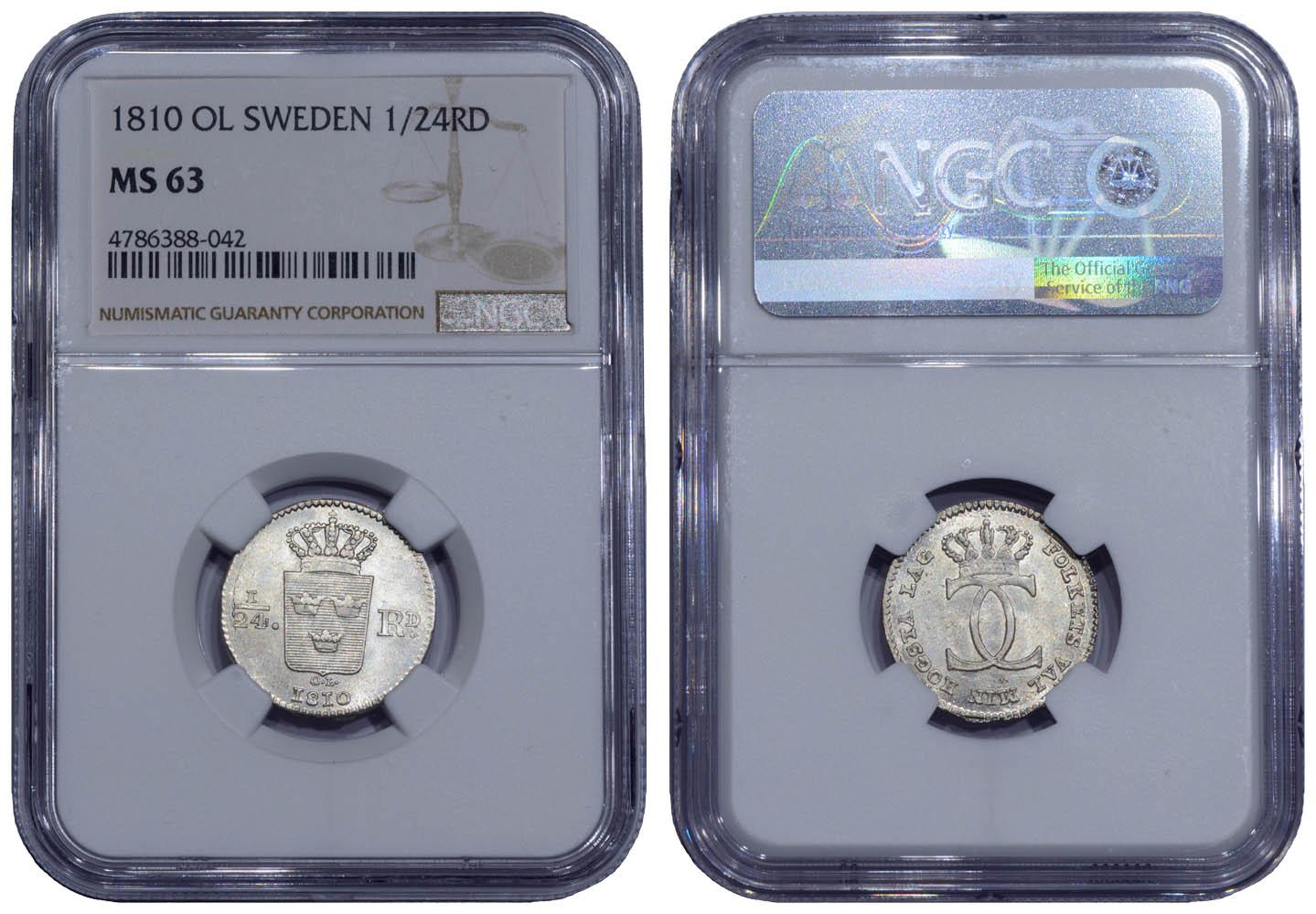 SWEDEN, Karl XIII, 1/24 Riksdaler 1810, Top Pop, NGC MS 63 SWEDEN, Karl XIII, 1/24 Riksdaler 1810, Top Pop, NGC MS 63