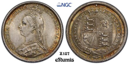 Great Britain, Victoria, Sixpence 1887, R over I in Victoria, Rare!, NGC MS 64