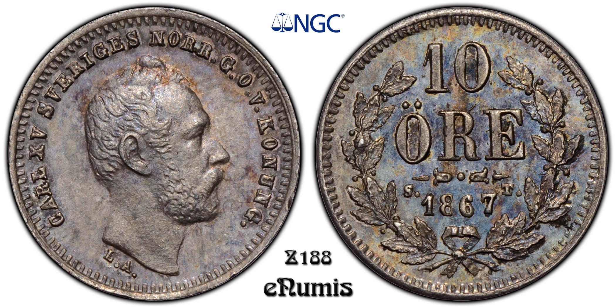 SWEDEN, Karl XV, 10 Ore 1867, NGC MS 64 SWEDEN, Karl XV, 10 Ore 1867, NGC MS 64