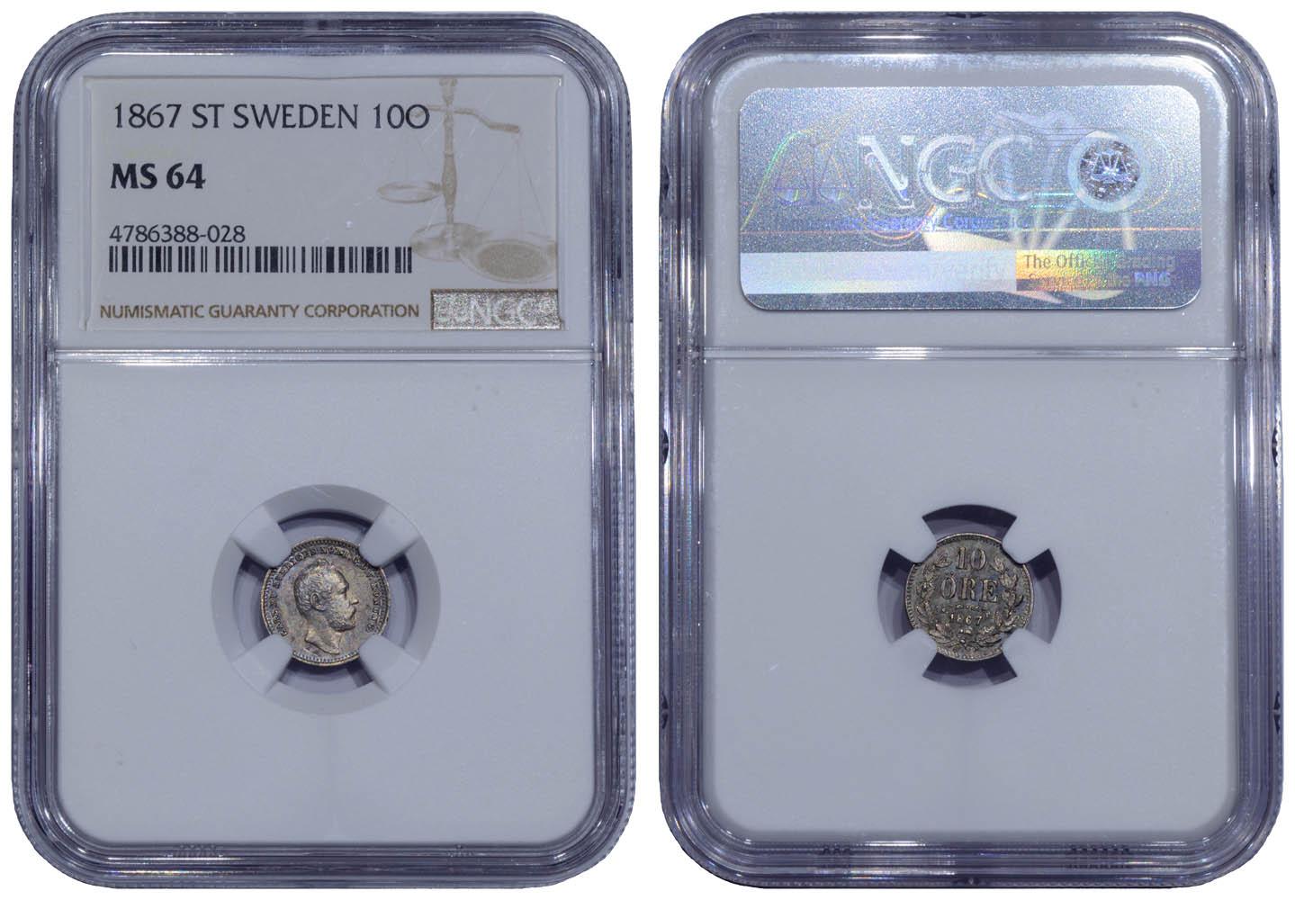 SWEDEN, Karl XV, 10 Ore 1867, NGC MS 64 SWEDEN, Karl XV, 10 Ore 1867, NGC MS 64