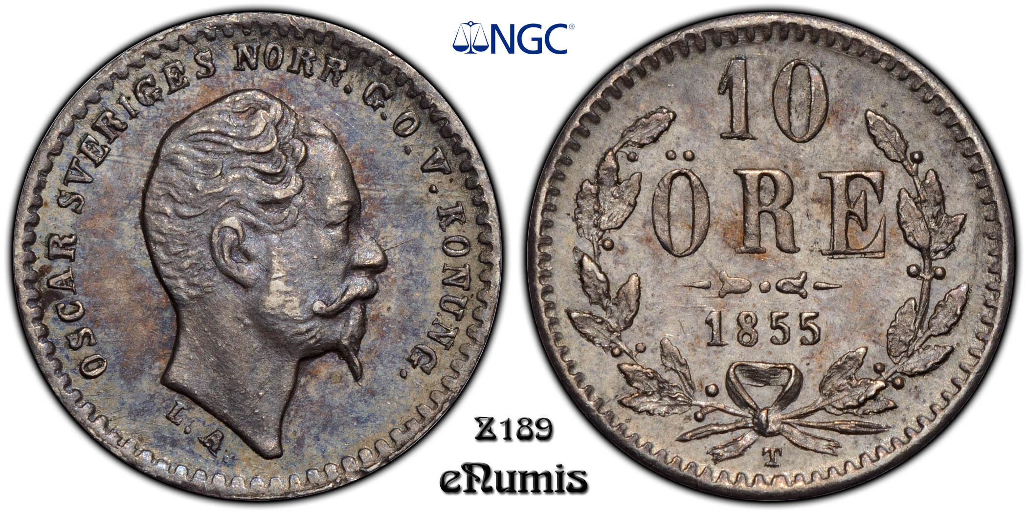 SWEDEN, Oscar I, 10 Ore 1855 T, NGC MS 63