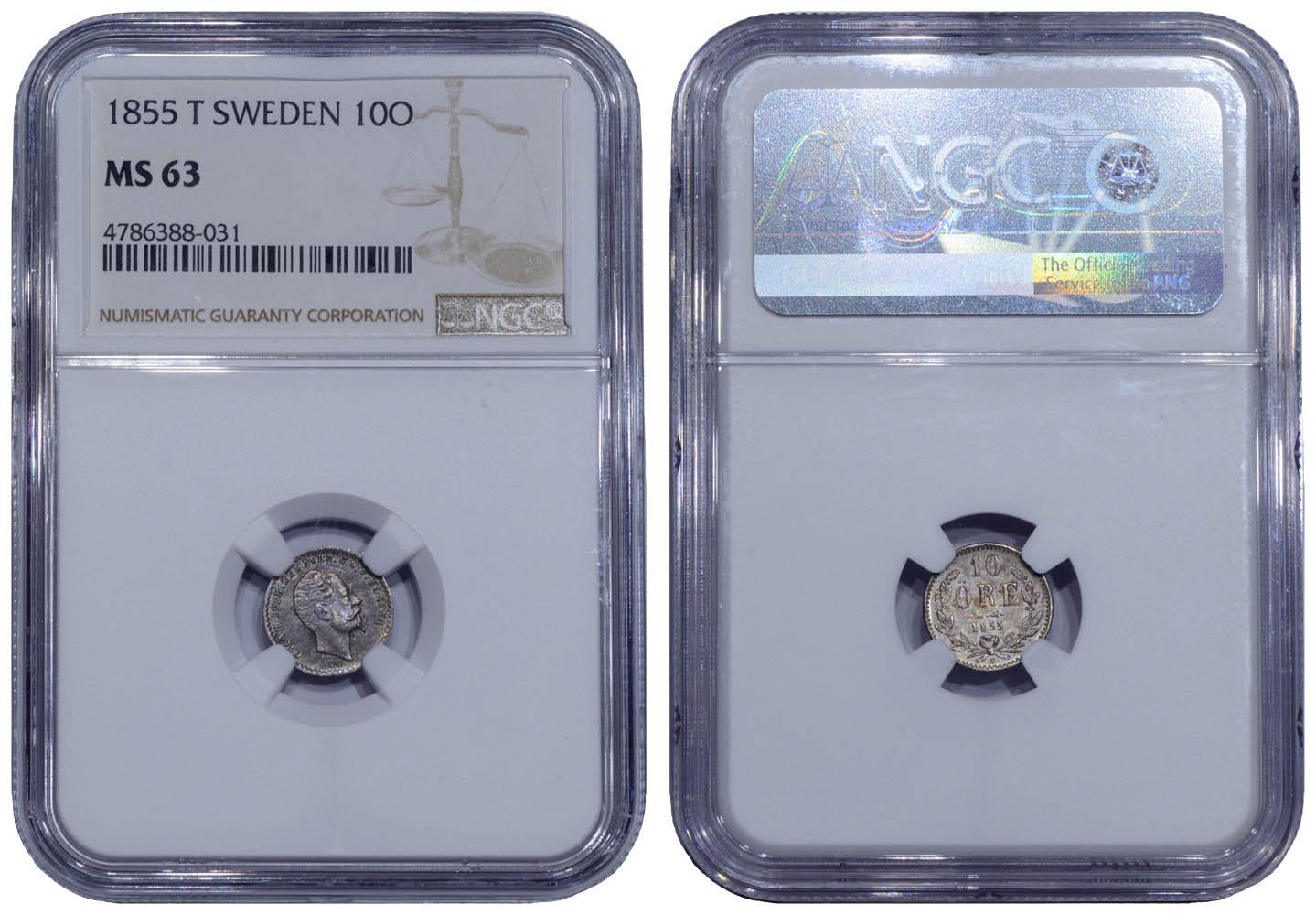 SWEDEN, Oscar I, 10 Ore 1855 T, NGC MS 63