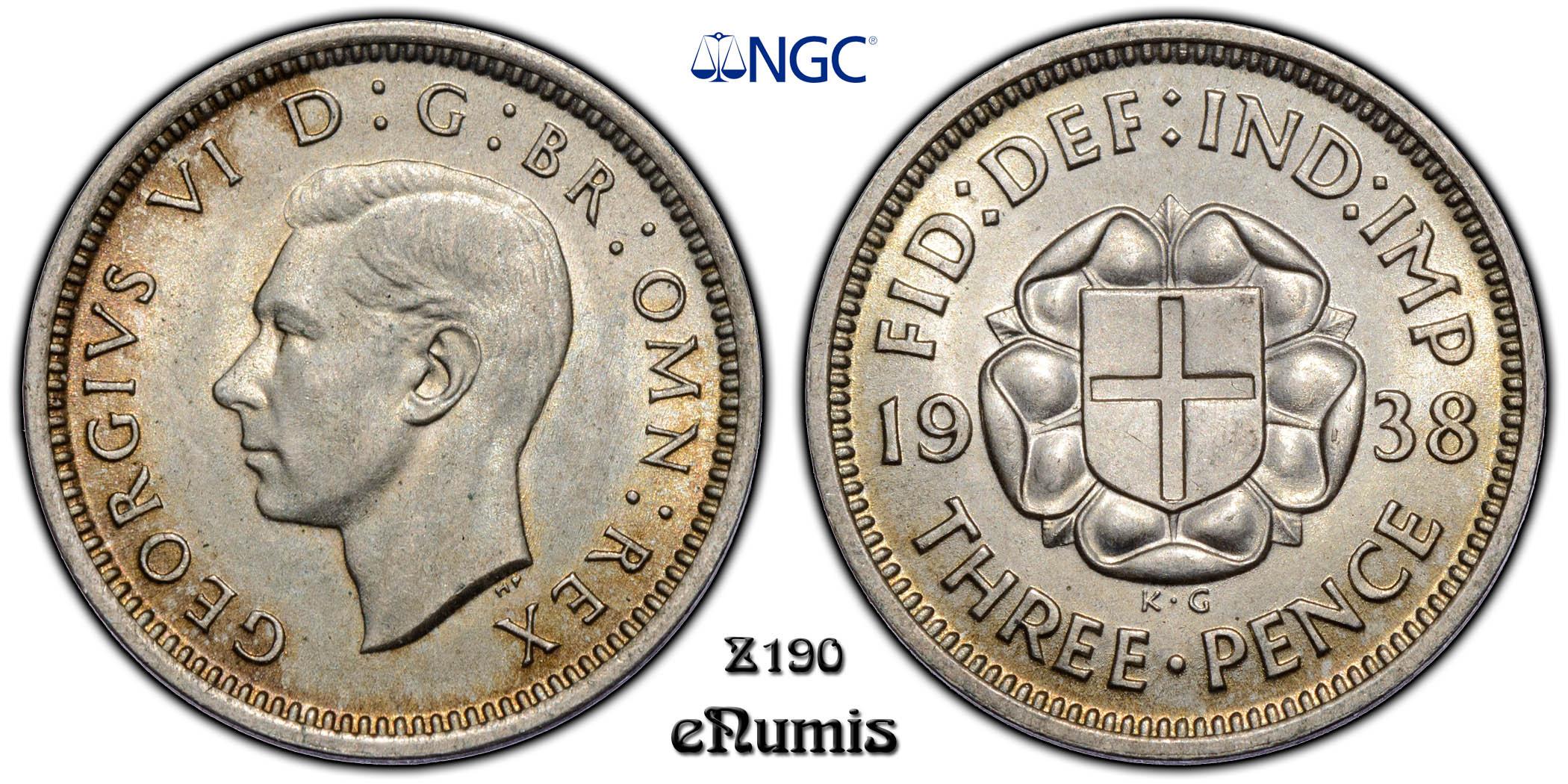 Great Britain, George VI, 3 Pence 1938, Silver, Top Pop, NGC MS 66 Great Britain, George VI, 3 Pence 1938, Silver, Top Pop, NGC MS 66