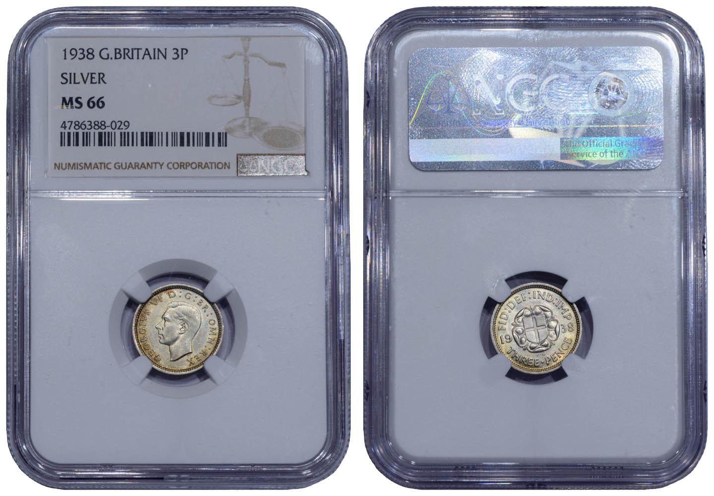 Great Britain, George VI, 3 Pence 1938, Silver, Top Pop, NGC MS 66 Great Britain, George VI, 3 Pence 1938, Silver, Top Pop, NGC MS 66