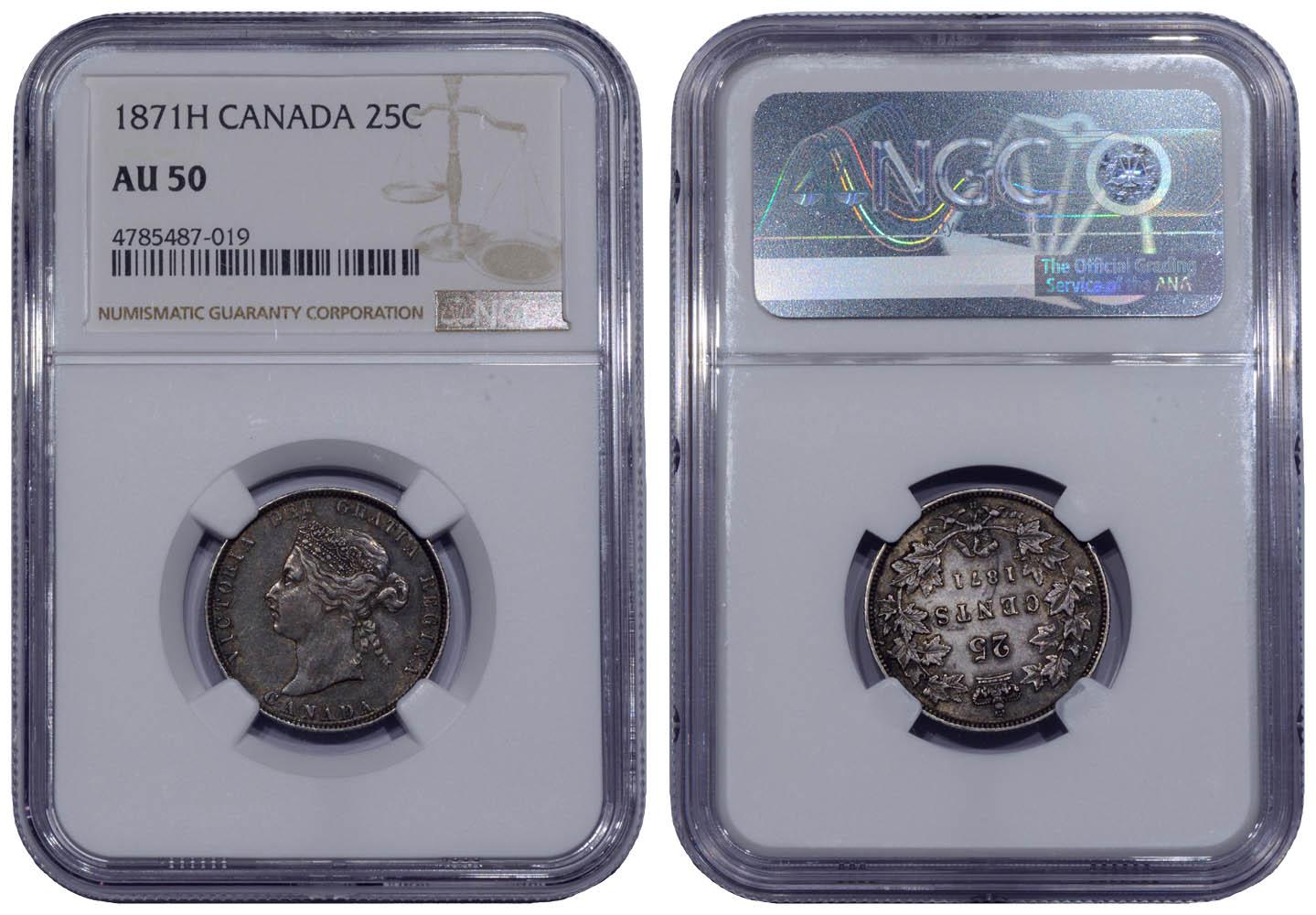 CANADA, Victoria, 25 Cents 1871 H, toned, NGC AU 50 CANADA, Victoria, 25 Cents 1871 H, toned, NGC AU 50