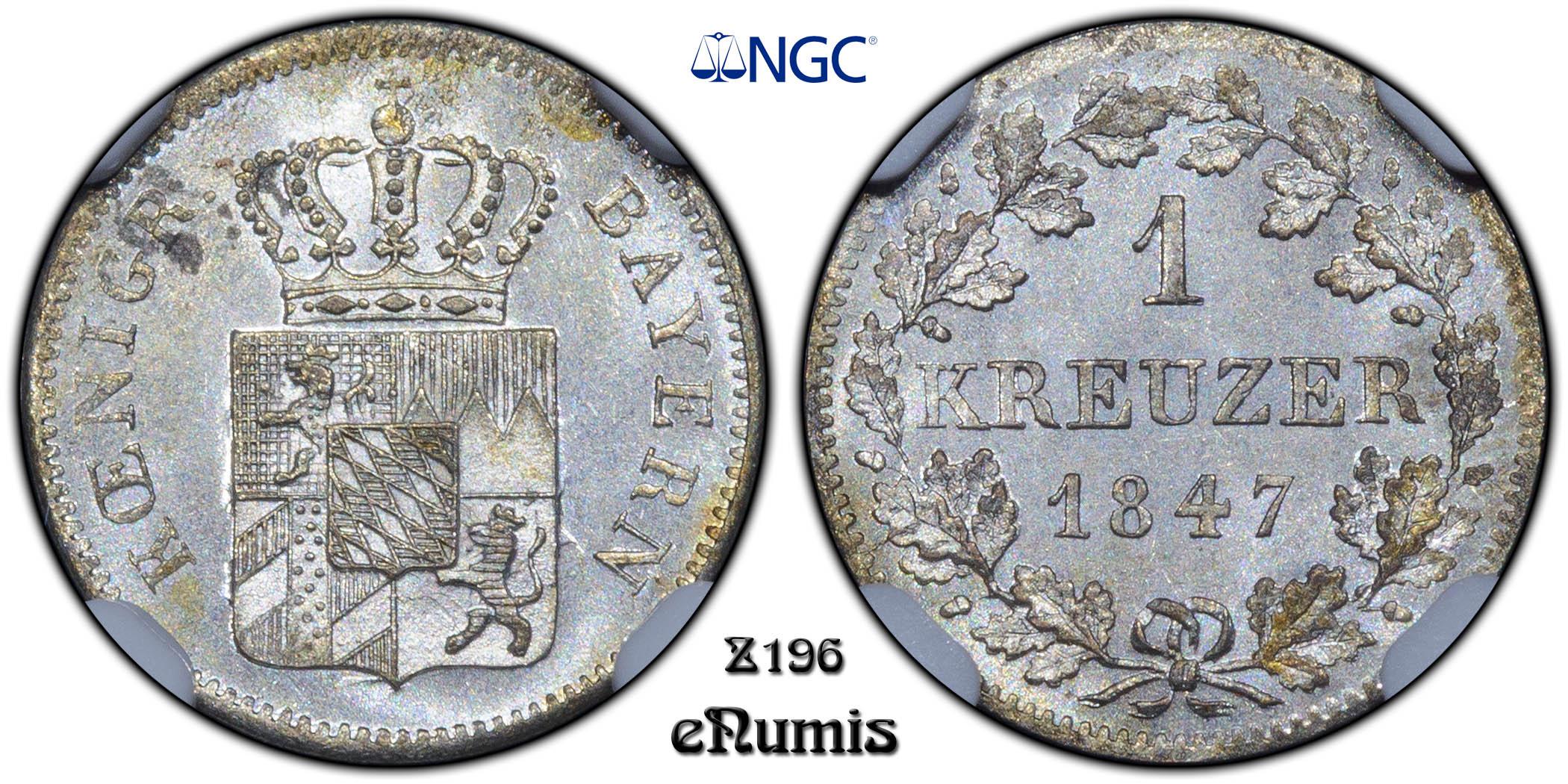 Germany, Bavaria, Ludwig I, 1 Kreuzer 1847, NGC MS 64