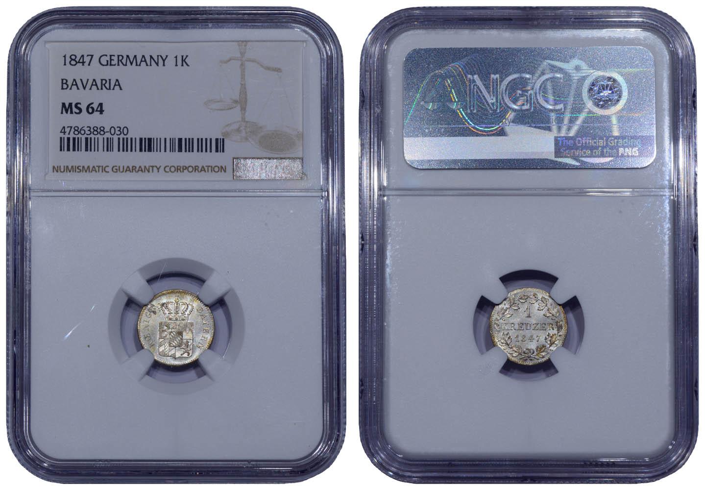 Germany, Bavaria, Ludwig I, 1 Kreuzer 1847, NGC MS 64