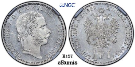 AUSTRIA, Franz Joseph I, 1/4 Florin Gulden 1869, Rare!, NGC MS 62