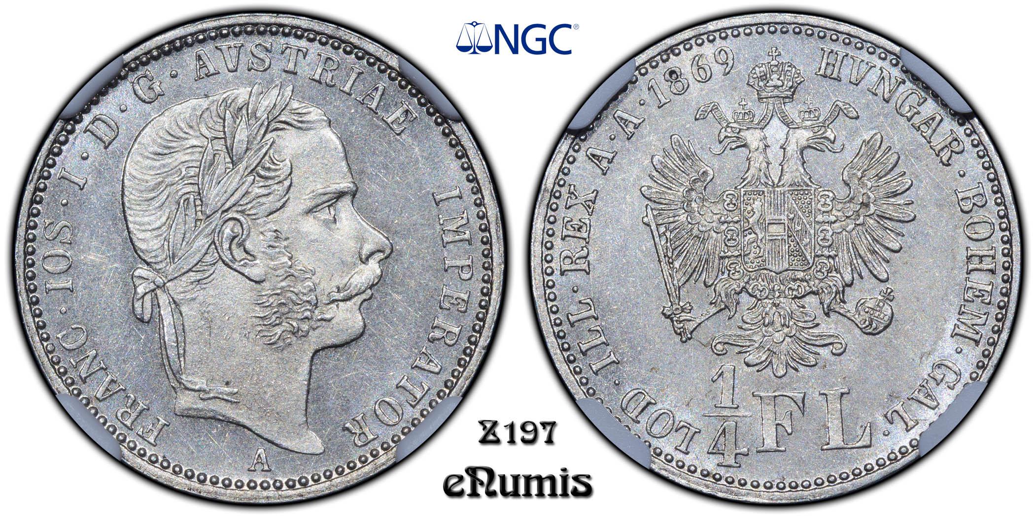 AUSTRIA, Franz Joseph I, 1/4 Florin Gulden 1869, Rare!, NGC MS 62