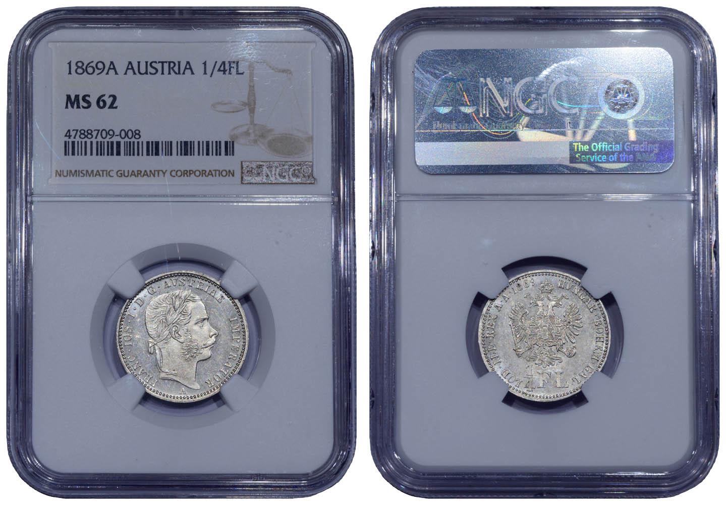 AUSTRIA, Franz Joseph I, 1/4 Florin Gulden 1869, Rare!, NGC MS 62