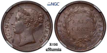 Straits Settlements, Victoria, 1/2 Cent 1845 ww, NGC MS 61 BN