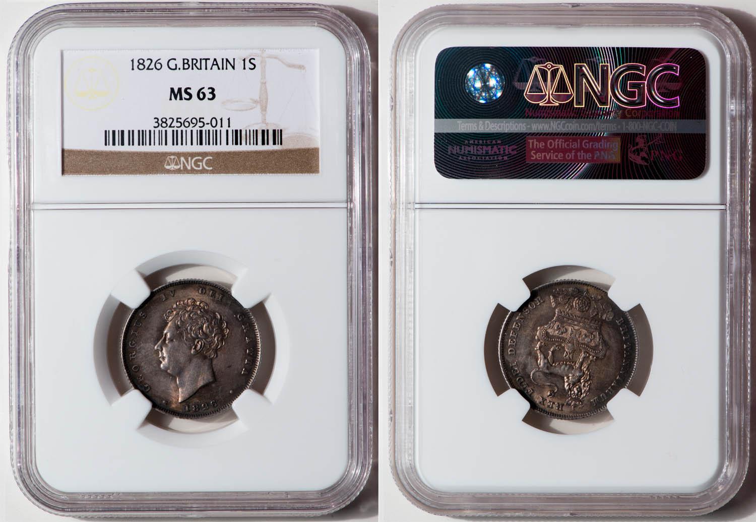 Great Britain, George IV, Shilling 1826, Toned, NGC MS 63 Great Britain, George IV, Shilling 1826, Toned, NGC MS 63