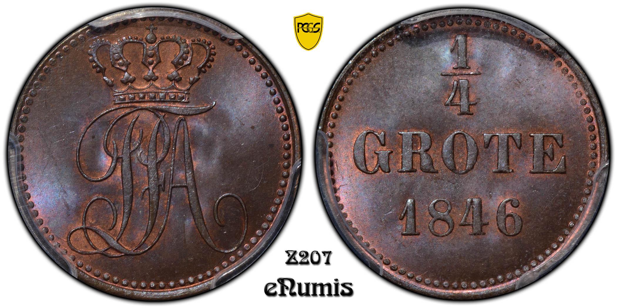 Germany, Oldenburg, Paul Friedrich August, 1/4 Grote 1846, Rare, Top Pop, PCGS MS 66 BN Germany, Oldenburg, Paul Friedrich August, 1/4 Grote 1846, Rare, Top Pop, PCGS MS 66 BN
