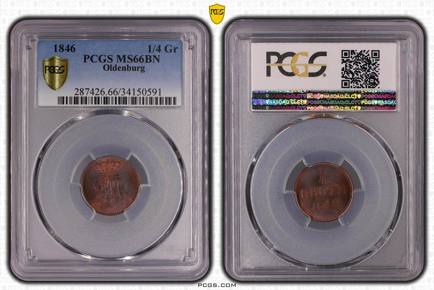 Germany, Oldenburg, Paul Friedrich August, 1/4 Grote 1846, Rare, Top Pop, PCGS MS 66 BN Germany, Oldenburg, Paul Friedrich August, 1/4 Grote 1846, Rare, Top Pop, PCGS MS 66 BN