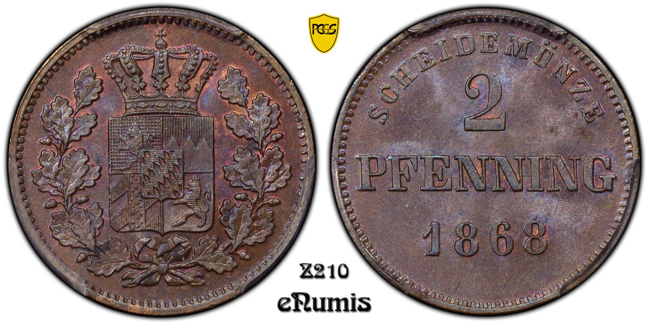 Germany, Bavaria, Ludwig II, 2 Pfenning 1868, Top Pop, PCGS MS 64 BN