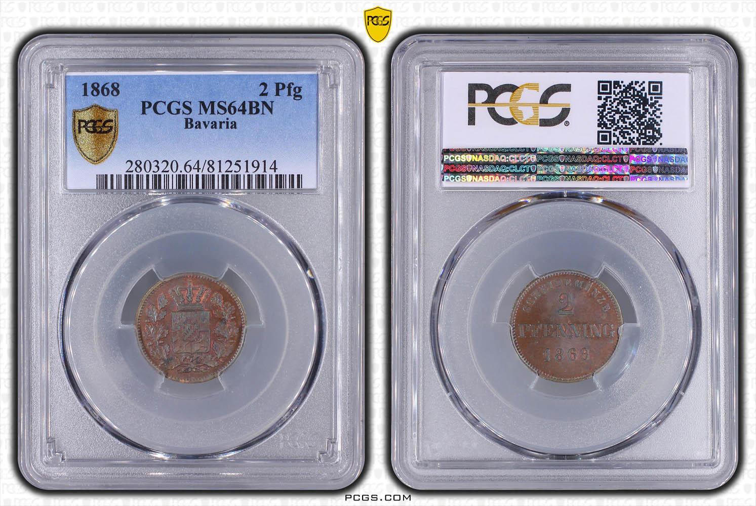 Germany, Bavaria, Ludwig II, 2 Pfenning 1868, Top Pop, PCGS MS 64 BN