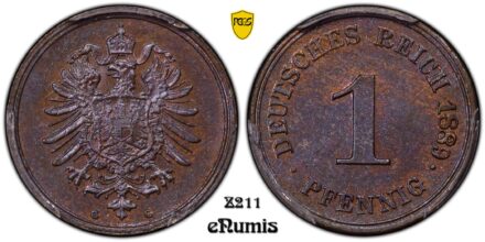 German Empire, 1 Pfennig 1889 G, RARE!, PCGS MS 64 BN