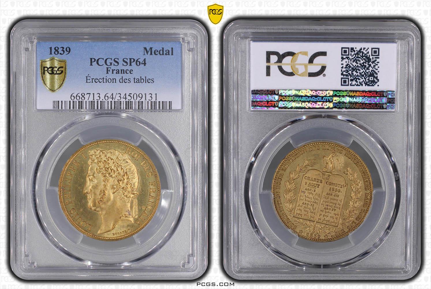 FRANCE, Louis Philippe, Medal 1839, Érection des tables, by Borrel, Top Pop, PCGS SP 64