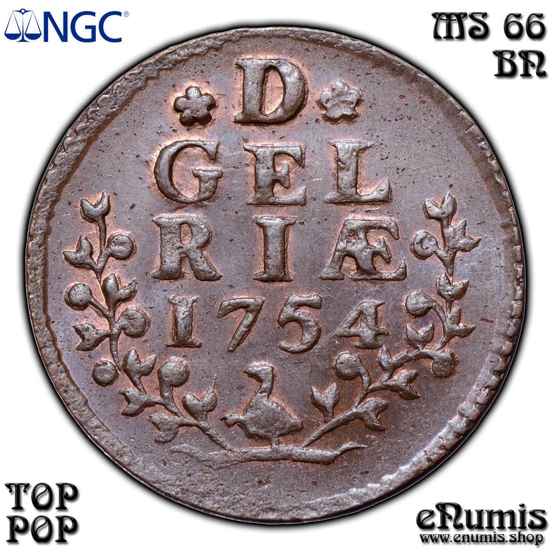 Netherlands, Gelderland, Duit 1754, Top Pop, NGC MS 66 BN