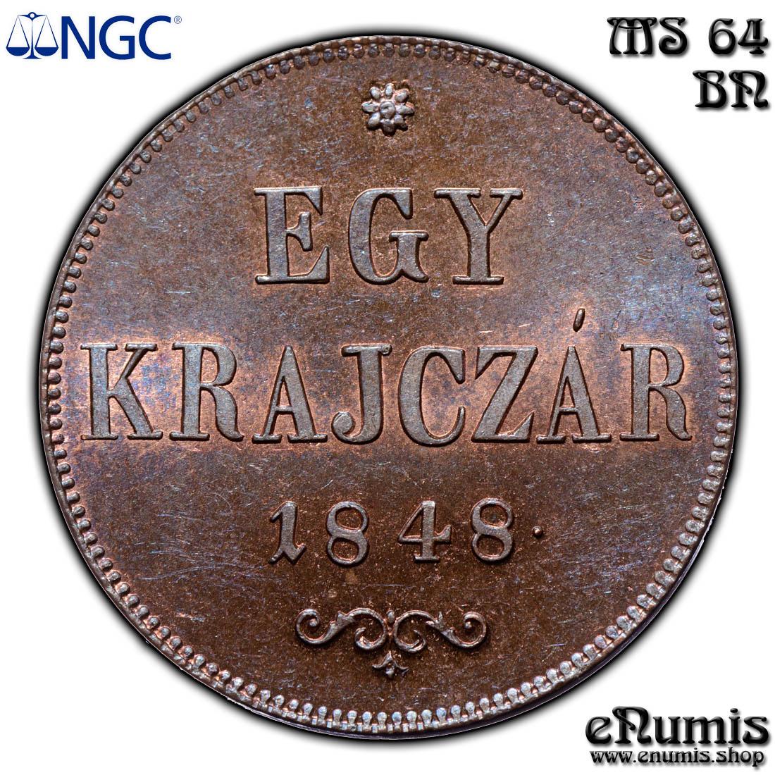 HUNGARY, 1 Kreuzer, Egy Krajczar 1848, NGC MS 64 BN HUNGARY, 1 Kreuzer, Egy Krajczar 1848, NGC MS 64 BN