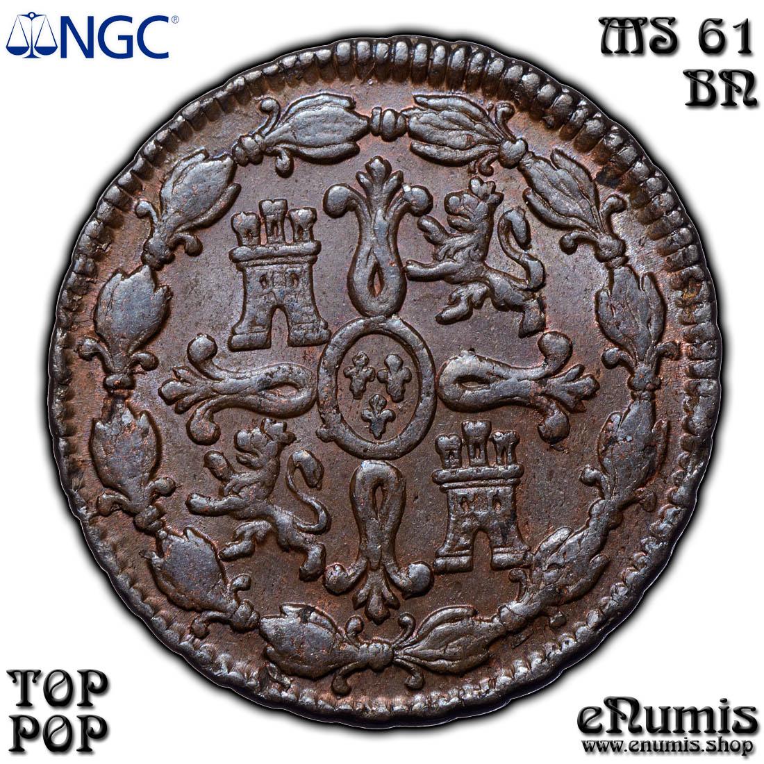 SPAIN, Carlos IV, 8 Maravedis 1806, Top Pop, NGC MS 61 BN