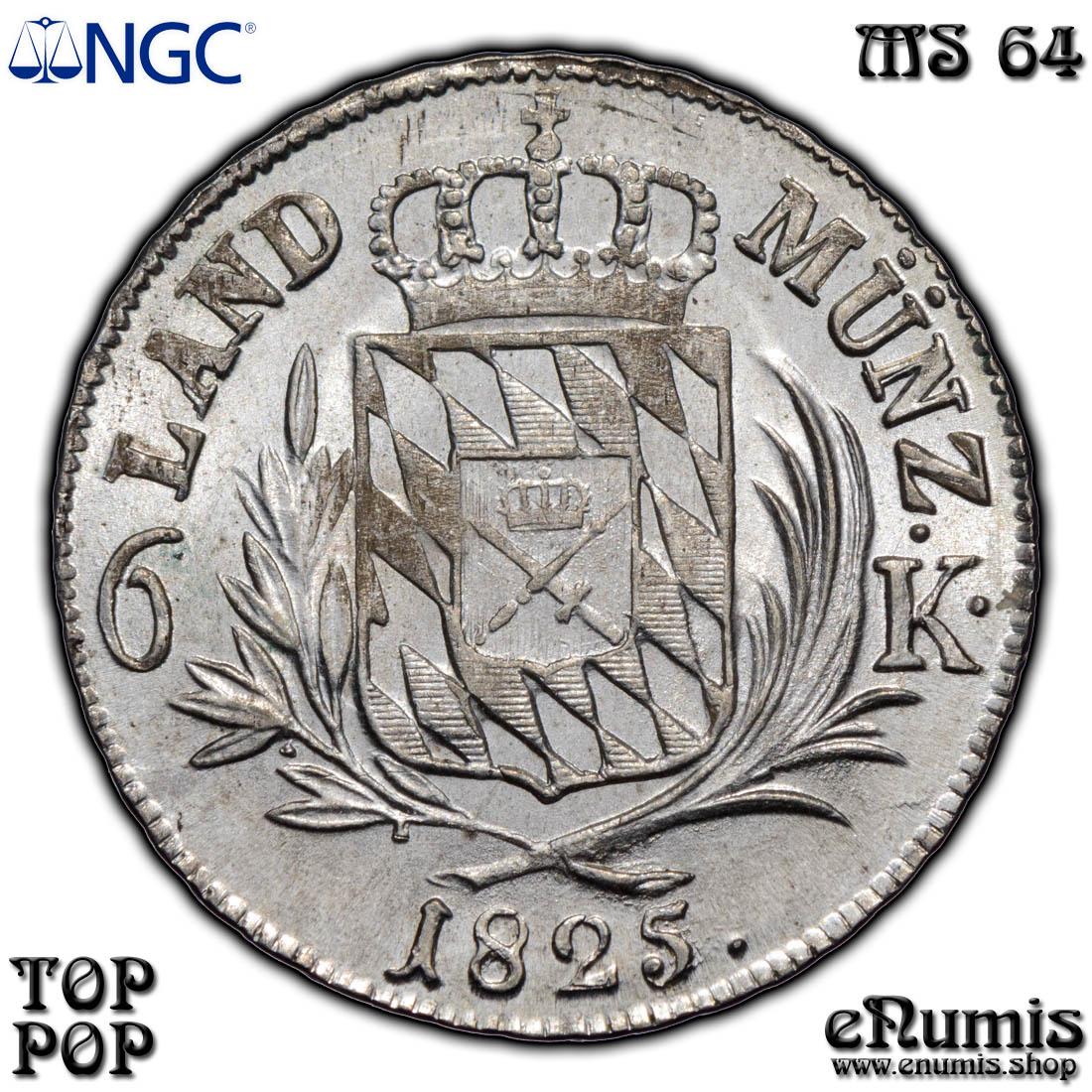 Germany, Bavaria, Maximilian I Joseph, 6 Kreuzer 1825, Top Pop, NGC MS 64
