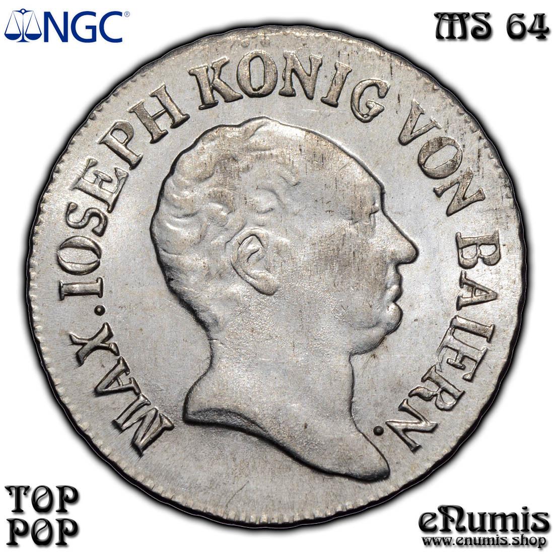 Germany, Bavaria, Maximilian I Joseph, 6 Kreuzer 1825, Top Pop, NGC MS 64